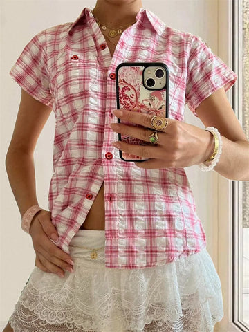 MQTIME  -  Women s Button Down Shirt Casual Contrast Color Plaid Lapel V Neck Short Sleeve Tops for Summer